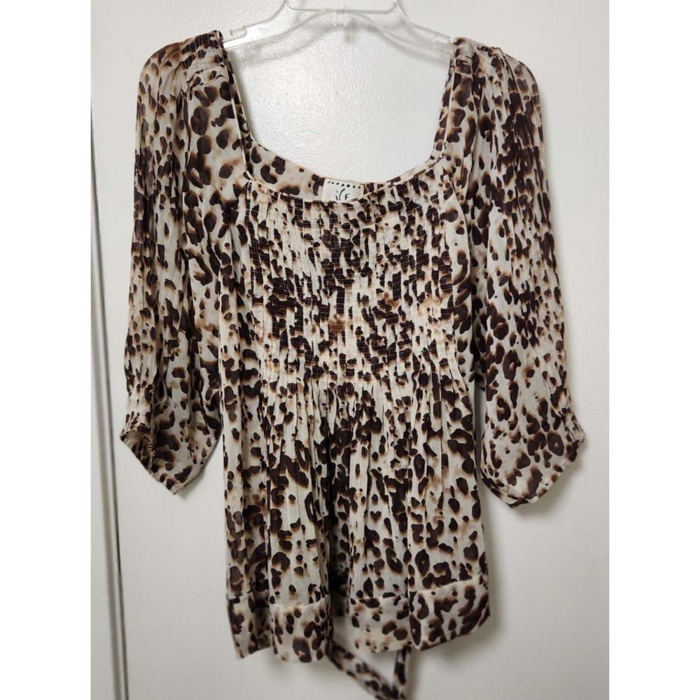 Ice Leopard Print 3/4 Sleeve Blouse XL Smocked Pleated‎ Belt Y2K 90s Milkmaid